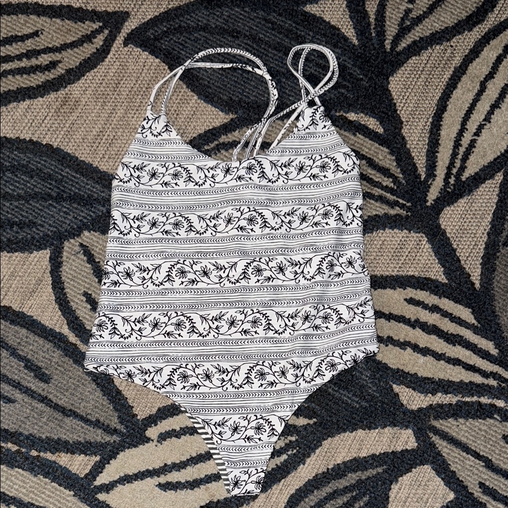 Rove Swim reversible one piece swimsuit black white Large w/ crochet